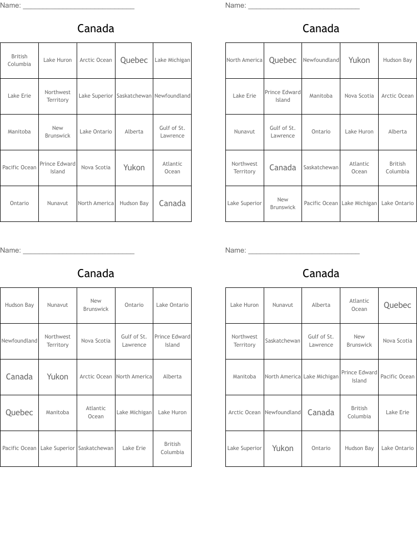 Canada  Bingo Cards