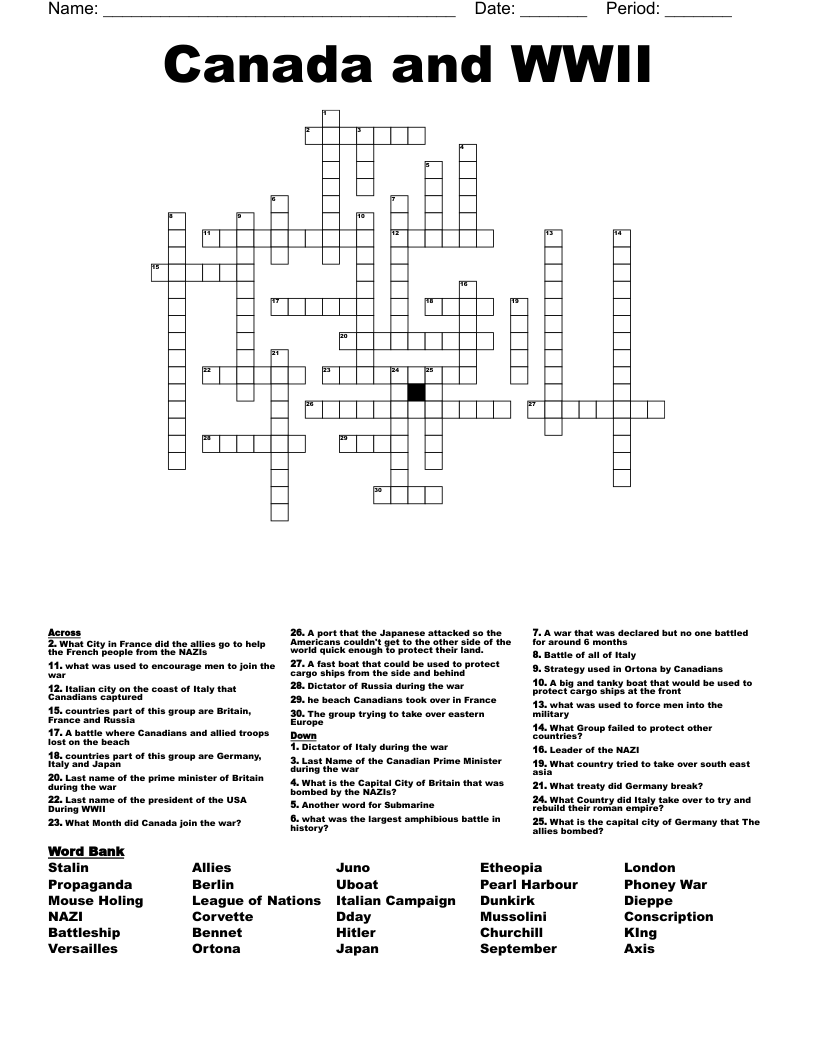 Canada and WWII Crossword