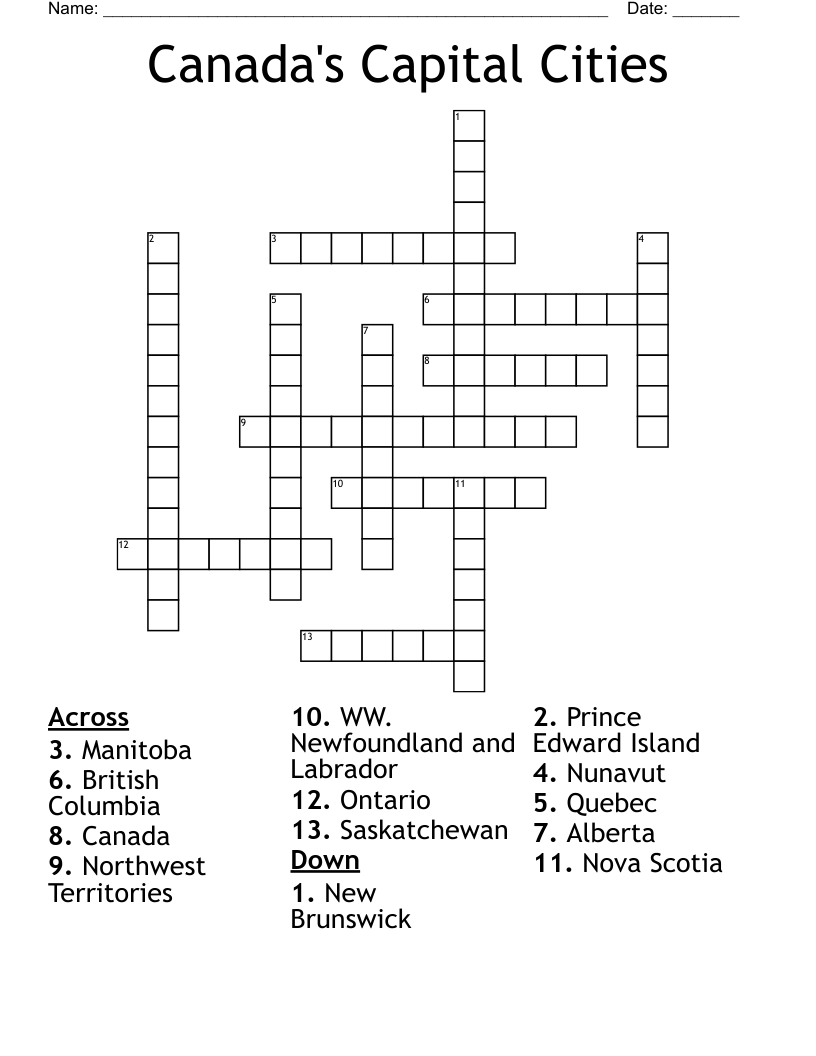 Canada's Capital Cities Crossword
