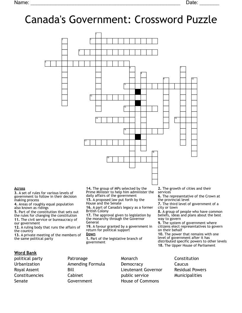 Canada's Government: Crossword Puzzle
