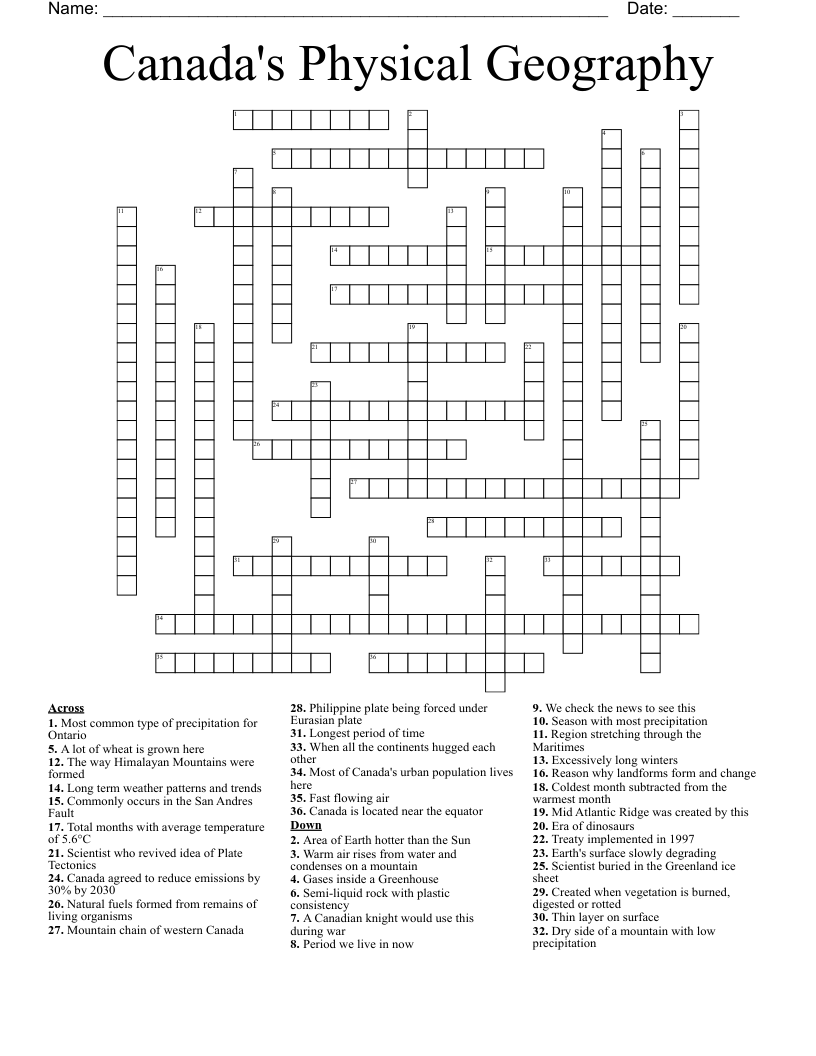 Canada's Physical Geography Crossword