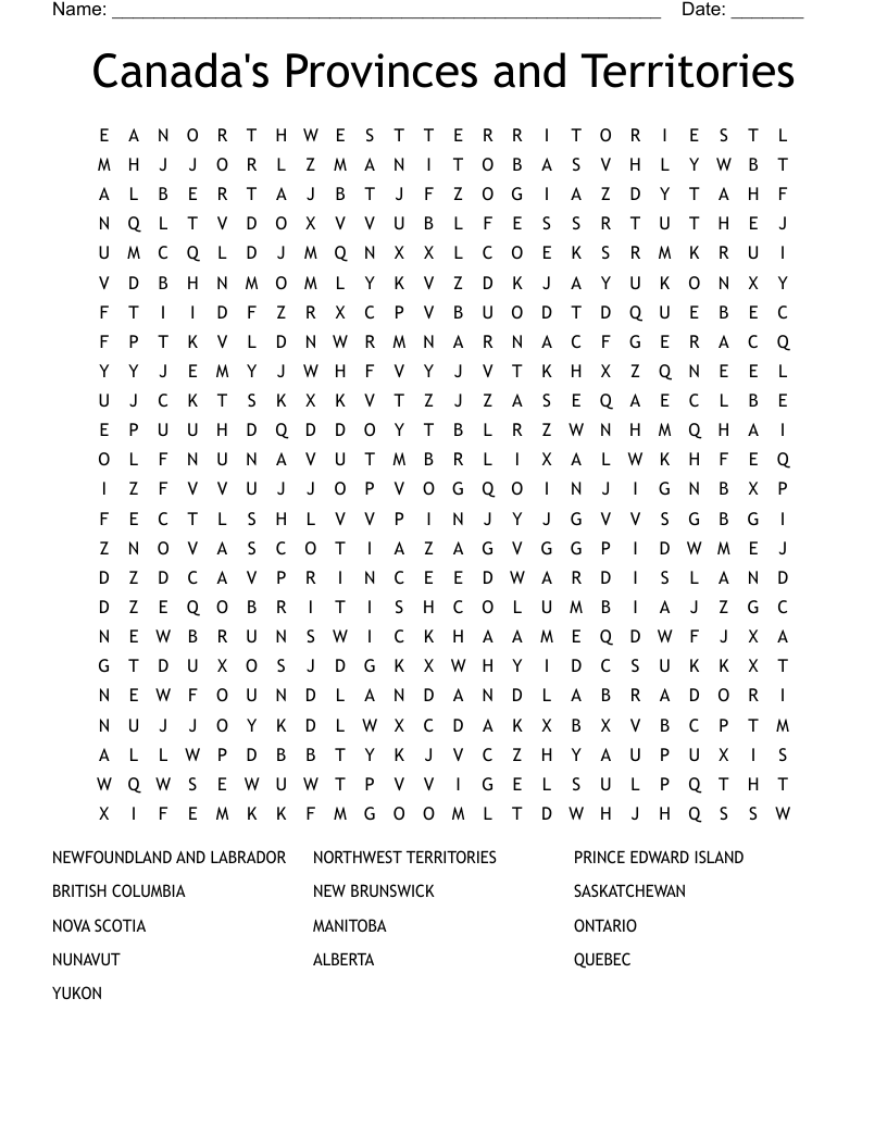 Canada's Provinces and Territories Word Search