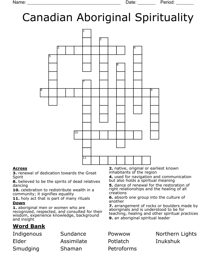 Canadian Aboriginal Spirituality Crossword