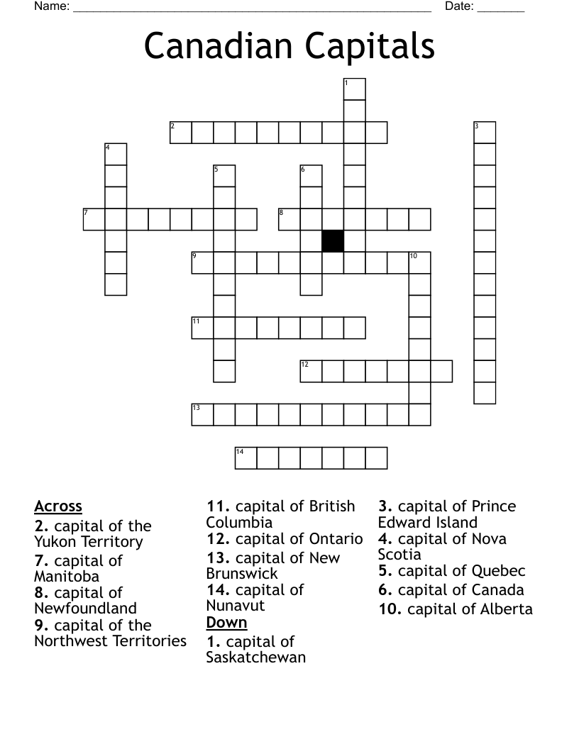 Canadian Capitals Crossword
