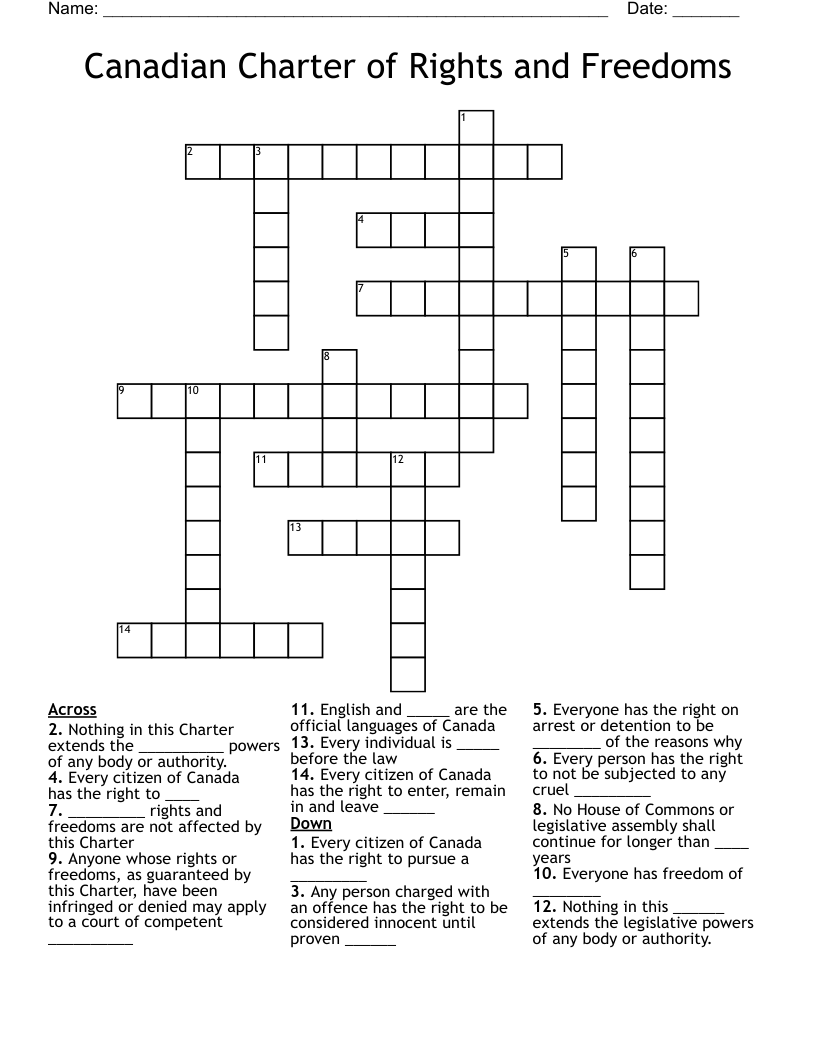 Canadian Charter of Rights and Freedoms Crossword