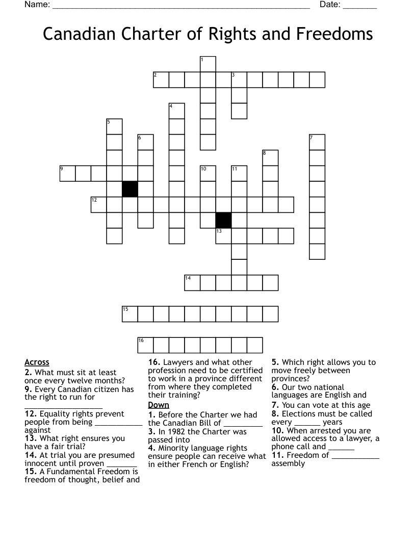 Canadian Charter of Rights and Freedoms Crossword