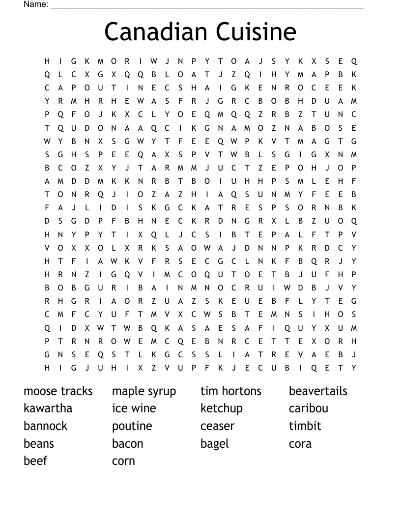 Canadian Cuisine Word Search