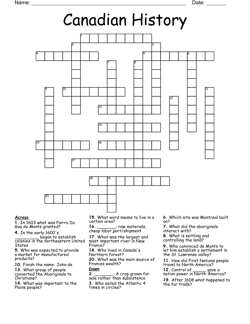 Canadian History Crossword