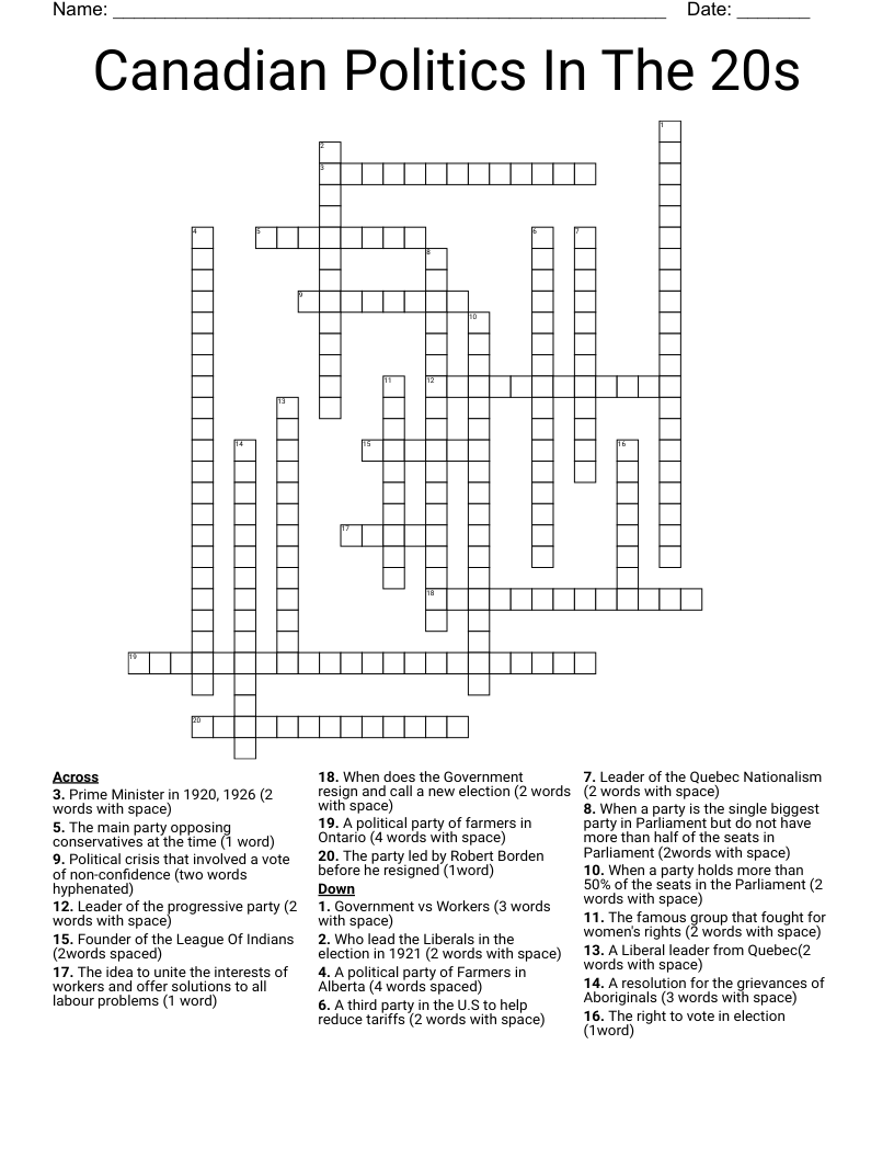 Canadian Politics In The 20s Crossword