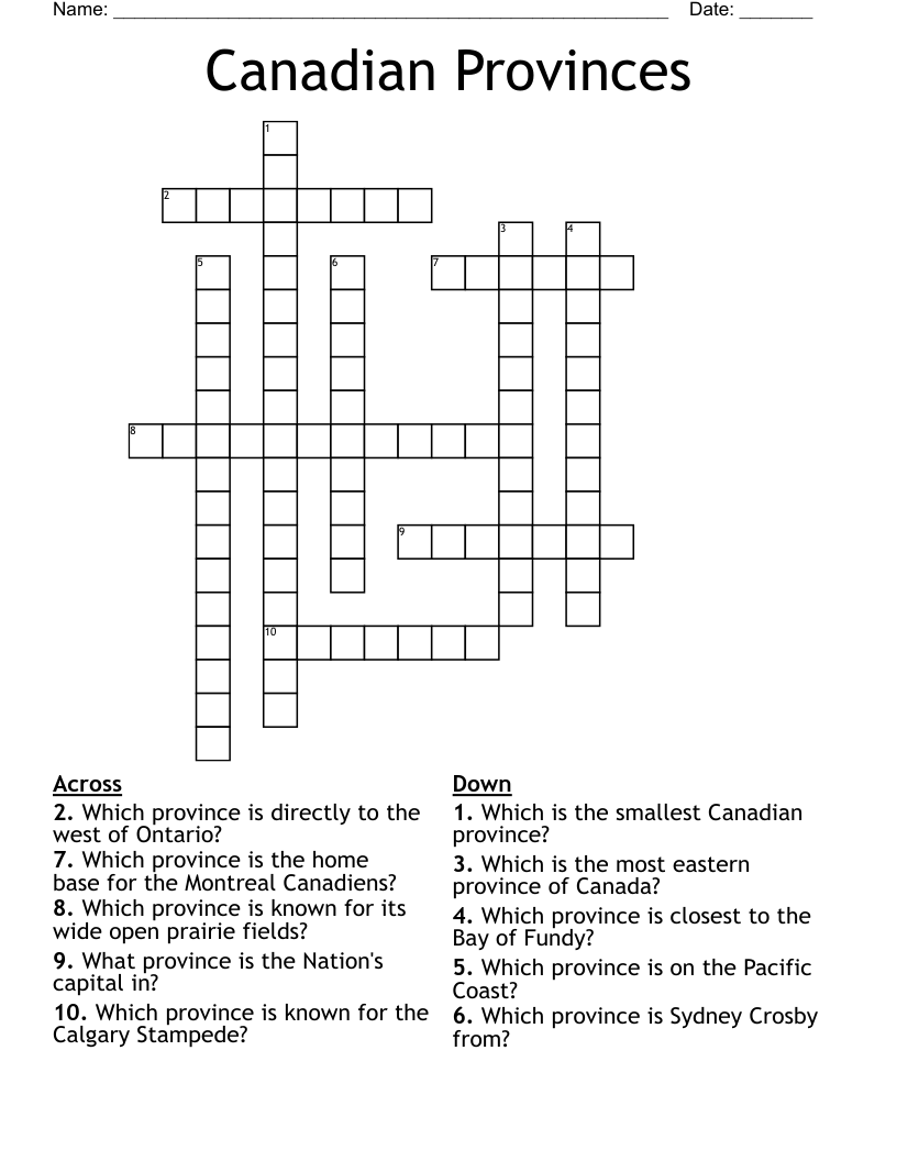 Canadian Provinces Crossword