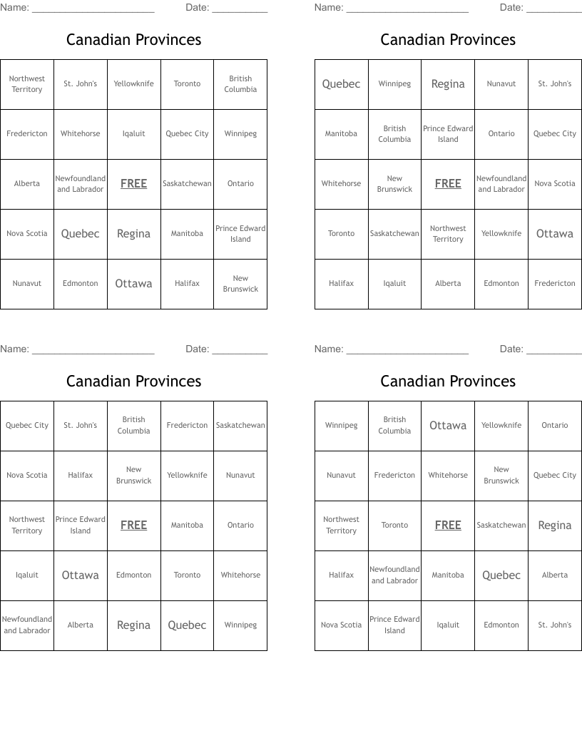 Canadian Provinces Bingo Cards
