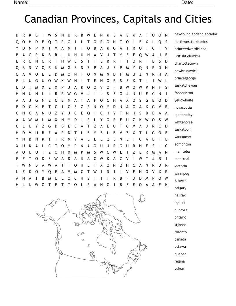 Canadian Provinces, Capitals and Cities Word Search