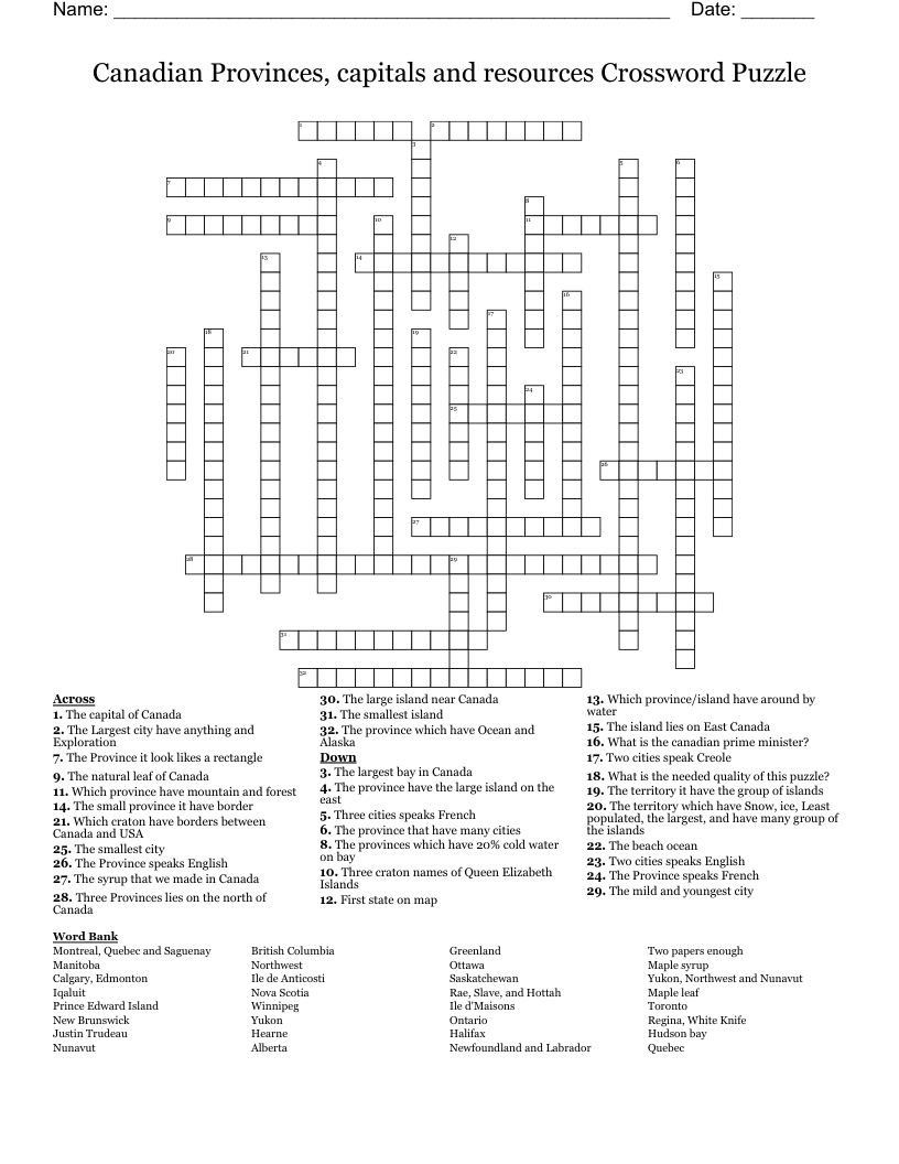 Canadian Provinces, capitals and resources Crossword Puzzle