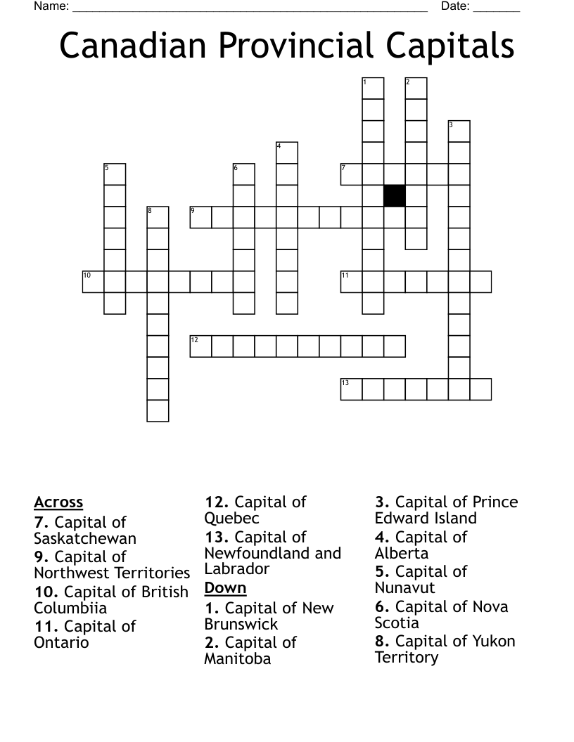 Canadian Provincial Capitals Crossword
