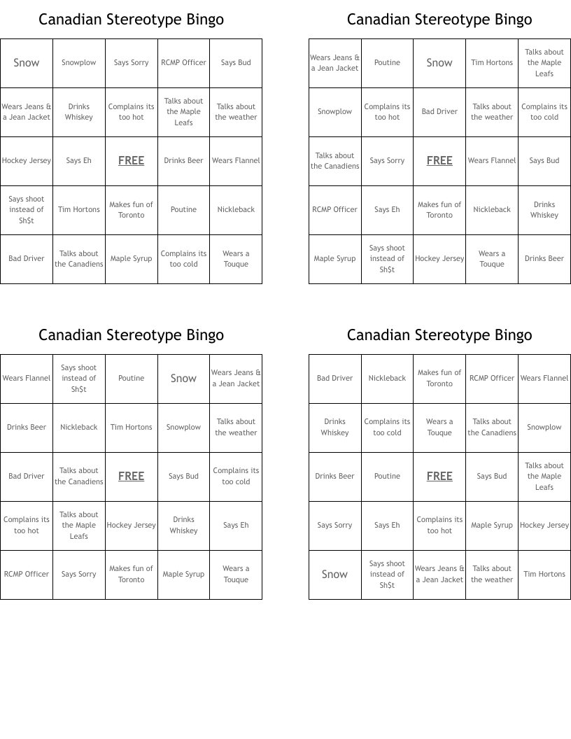 Canadian Stereotype Bingo