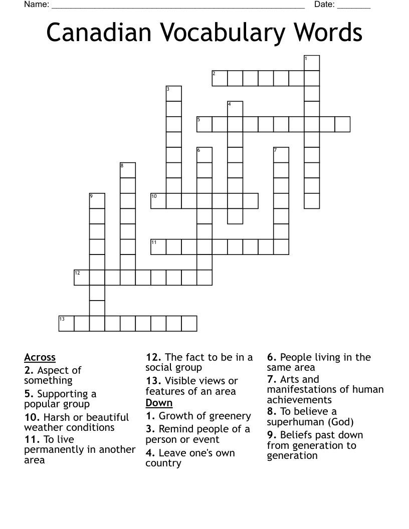 Canadian Vocabulary Words Crossword