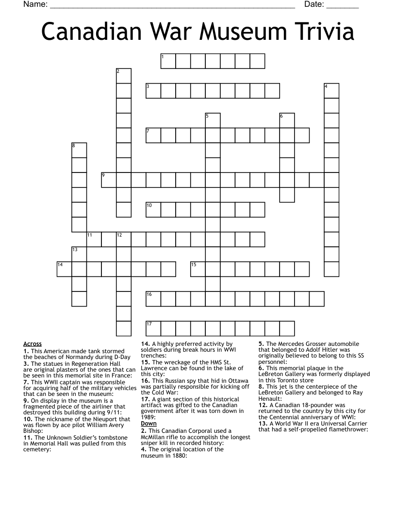Canadian War Museum Trivia Crossword