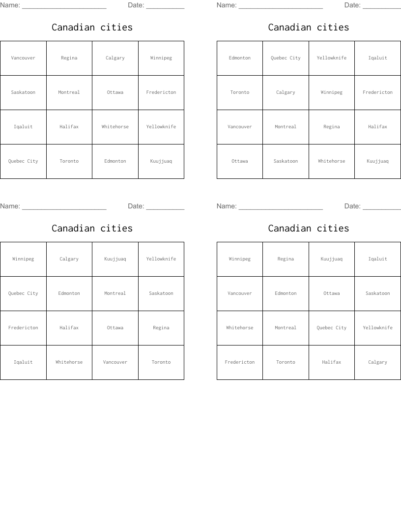Canadian cities Bingo Cards