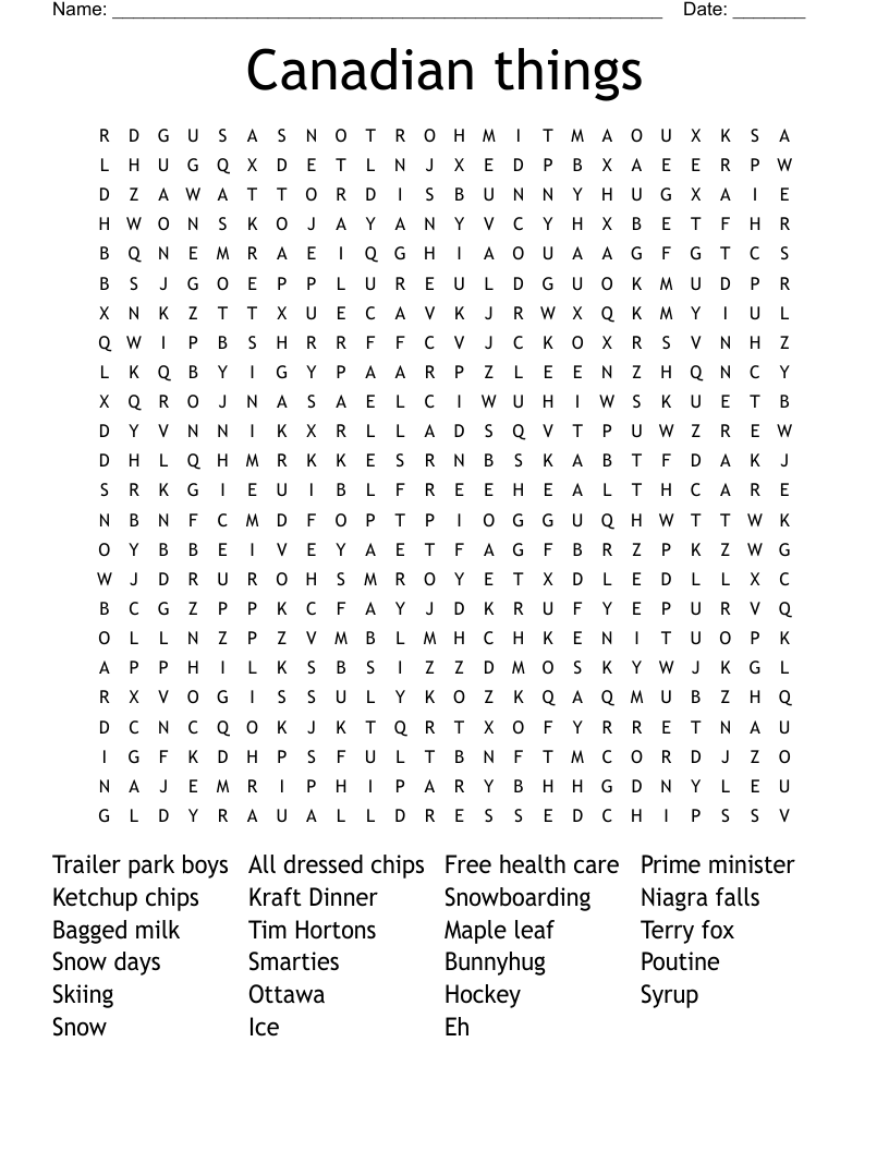Canadian things  Word Search