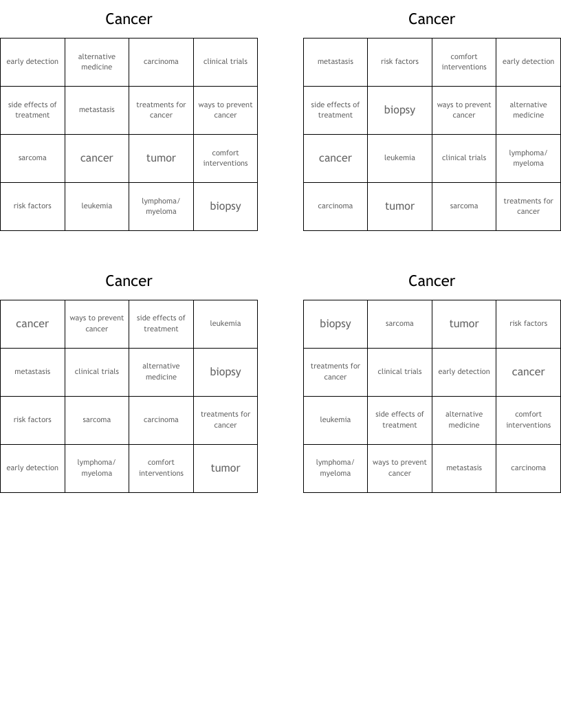 Cancer Bingo Cards