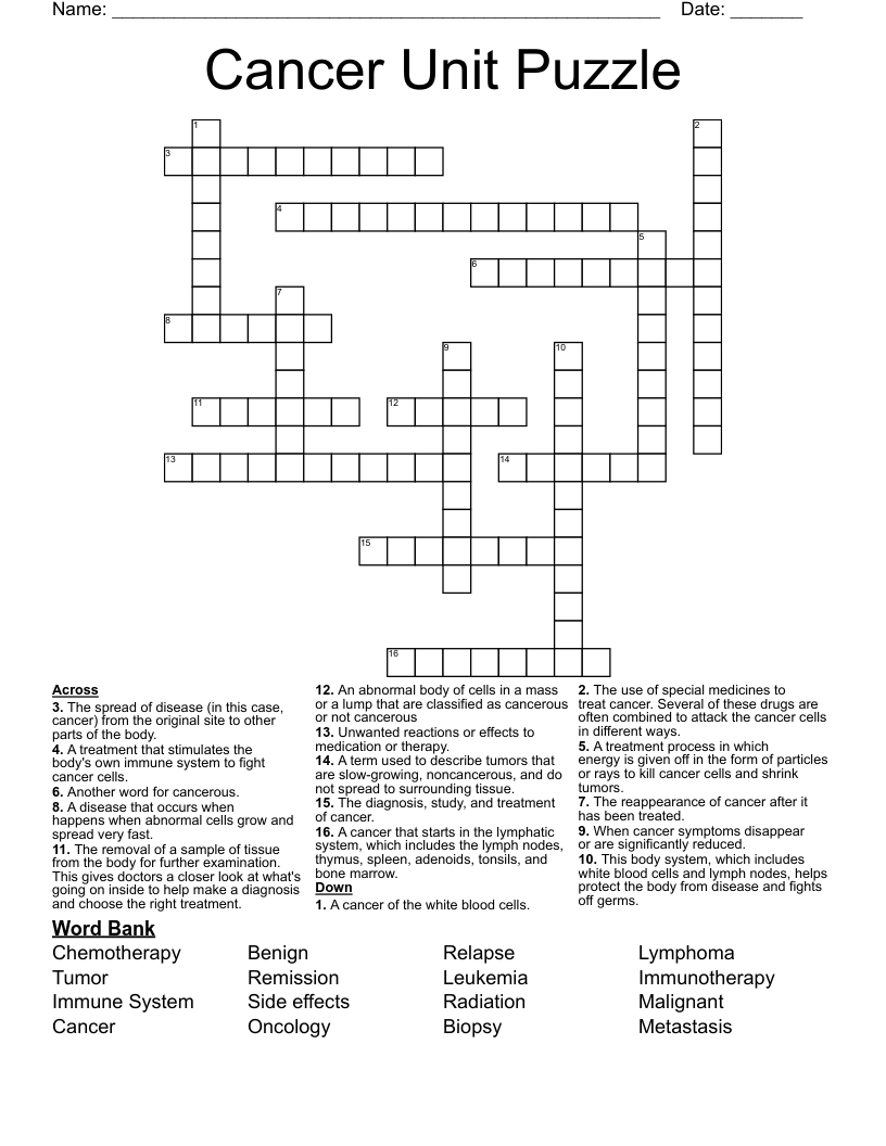 Cancer Unit Puzzle Crossword