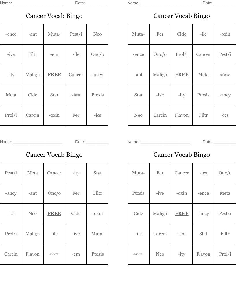 Cancer Vocab Bingo