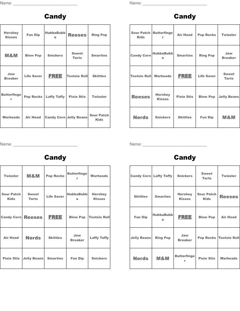 Candy Bingo Cards