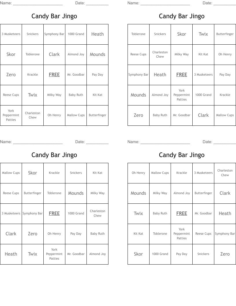 Candy Bar Jingo Bingo Cards