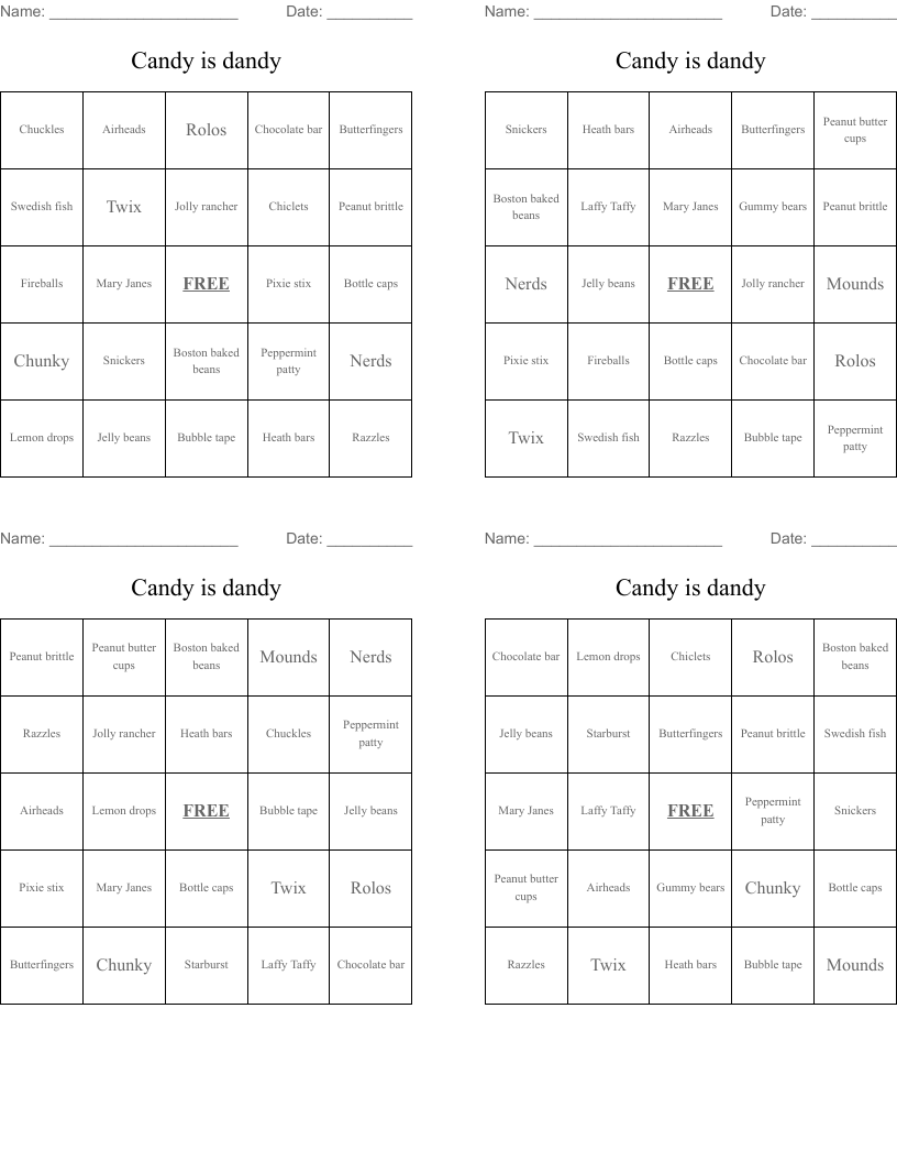 Candy is dandy Bingo Cards