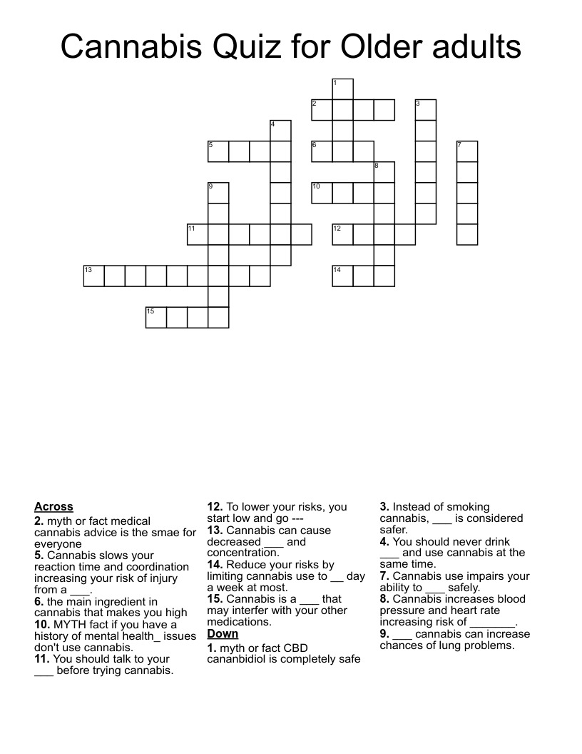 Cannabis Quiz for Older adults Crossword