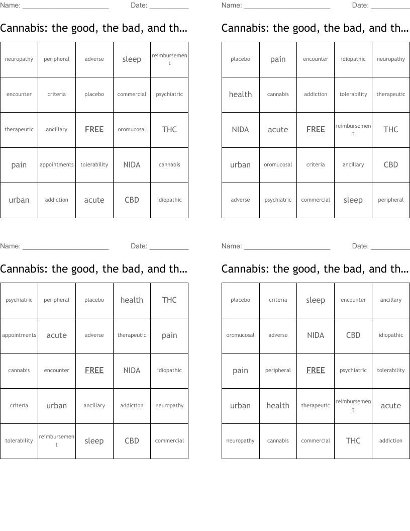 Cannabis: the good, the bad, and the unknown Bingo Cards