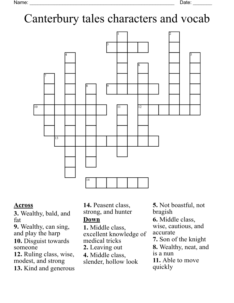Canterbury tales characters and vocab Crossword