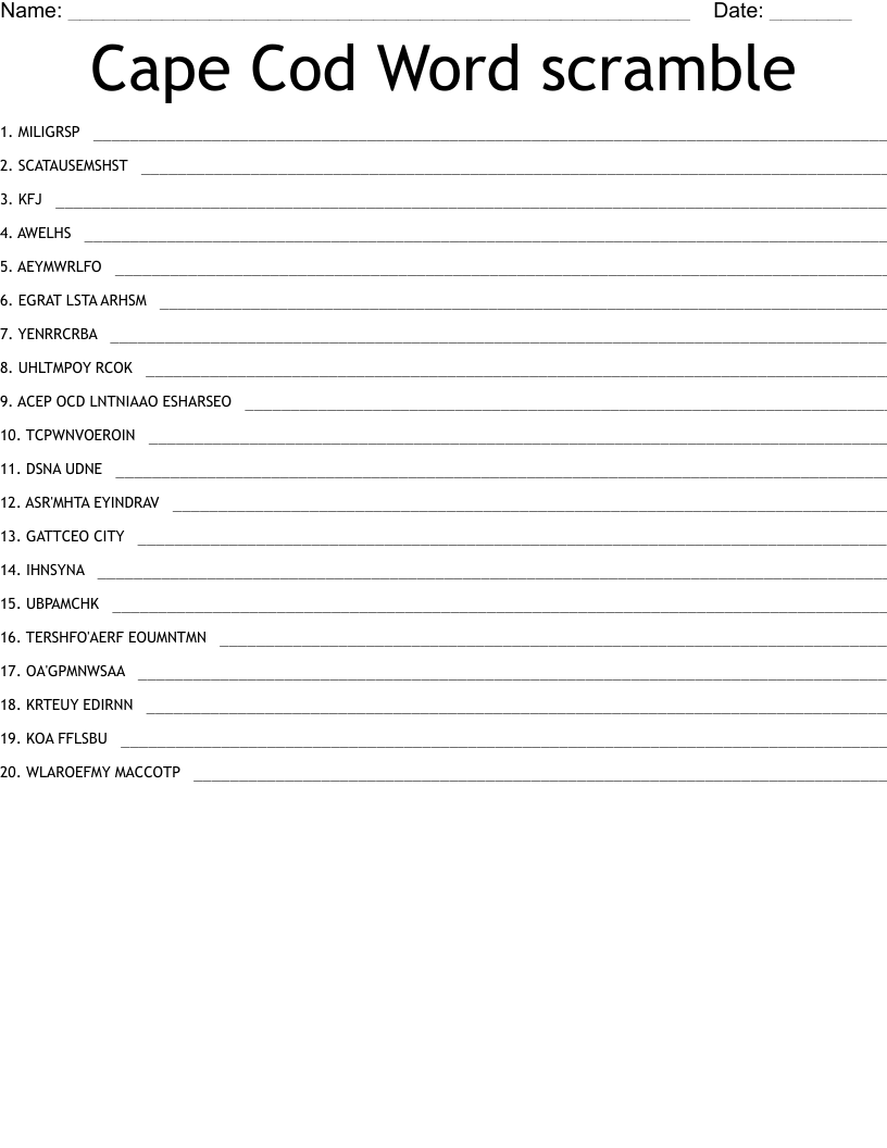 Cape Cod Word scramble