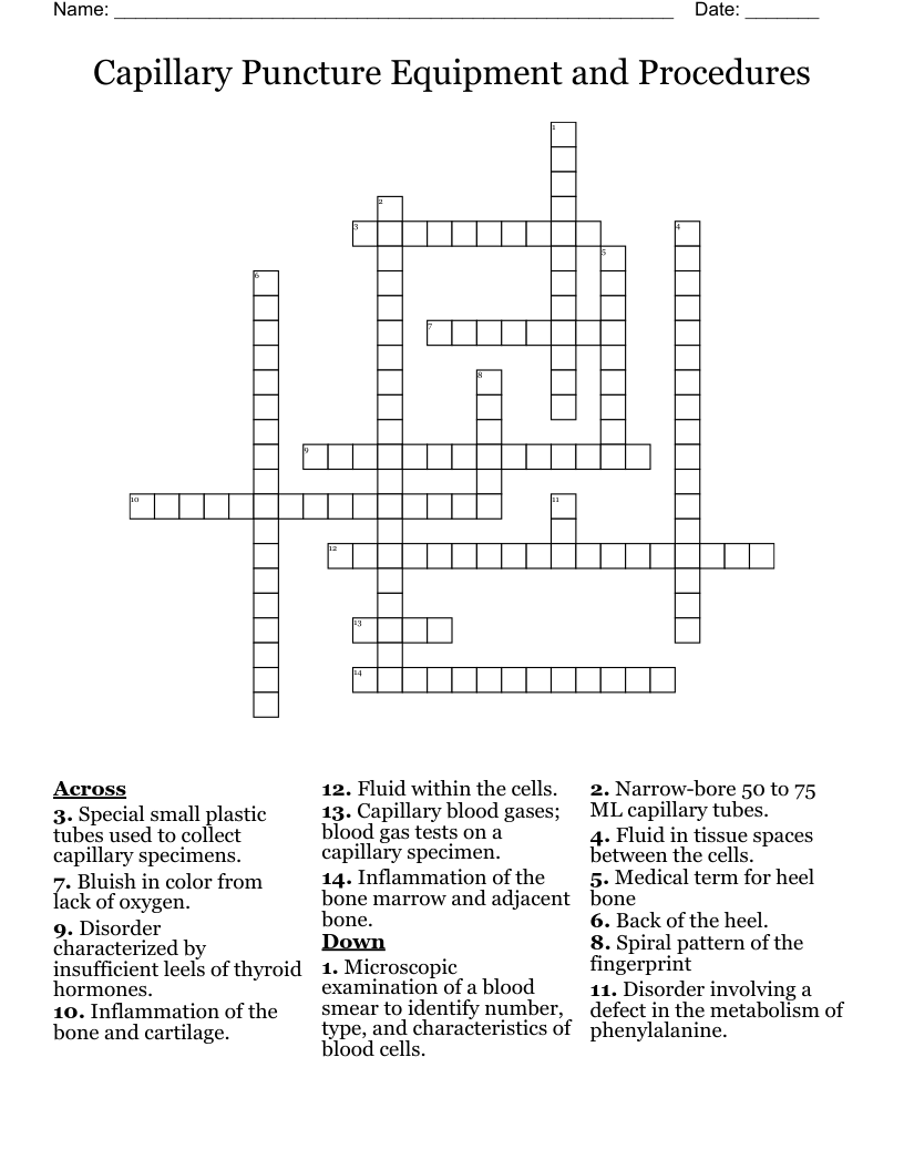 Capillary Puncture Equipment and Procedures Crossword