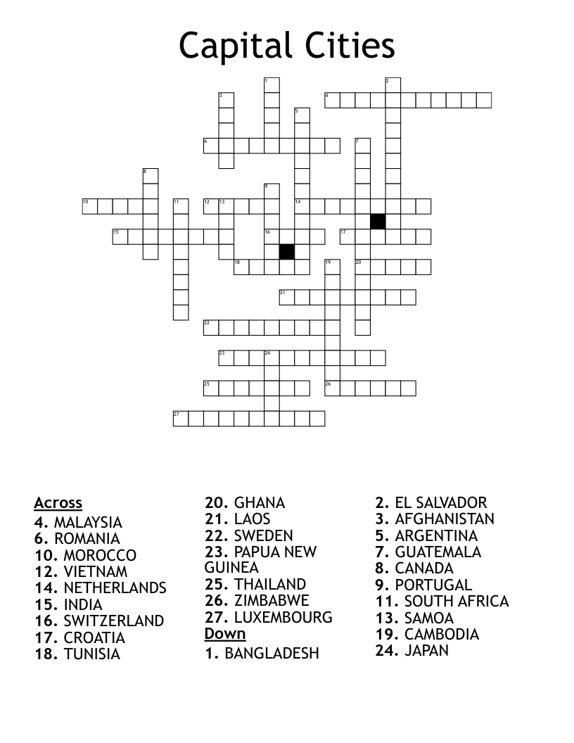 Capital Cities Crossword