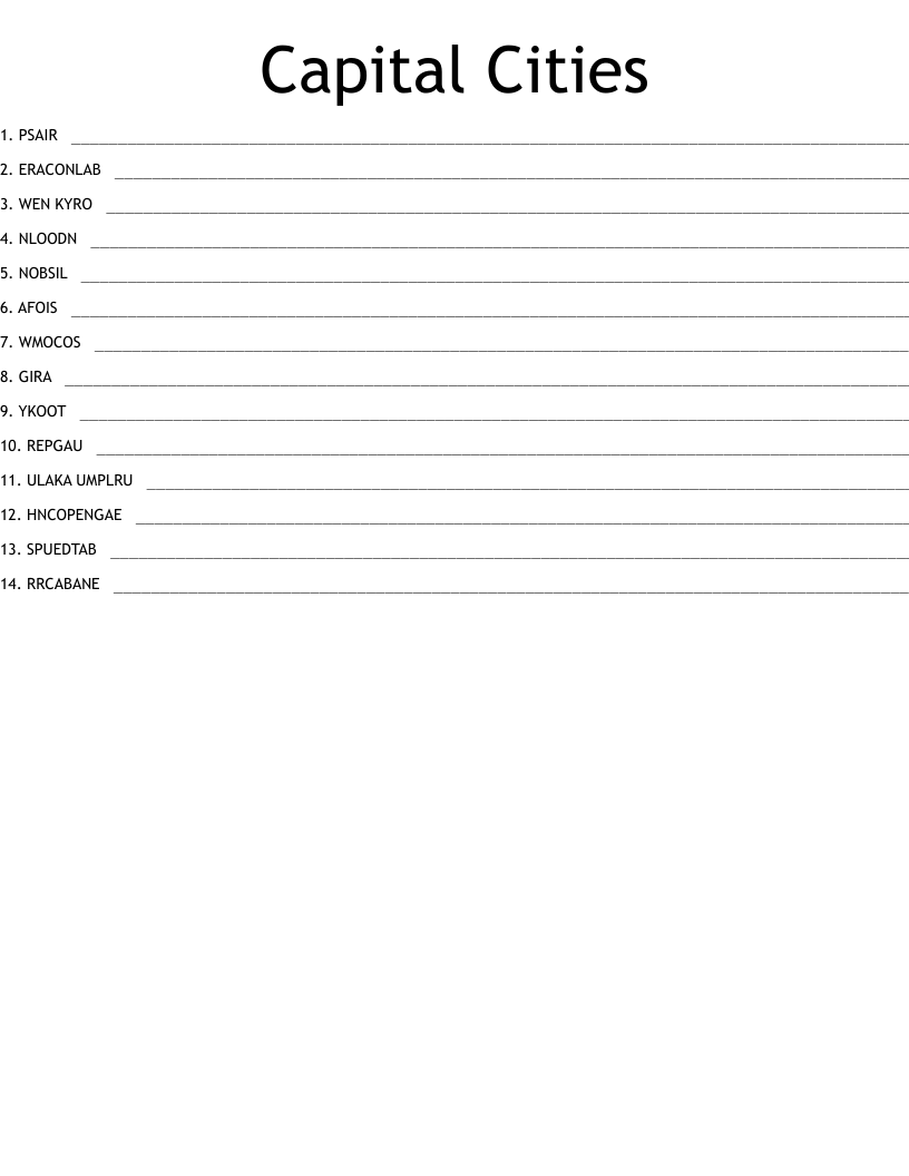 Capital Cities Word Scramble