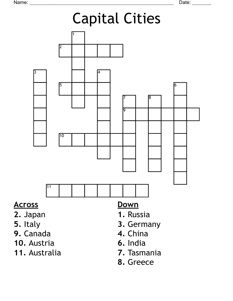 Capital Cities Crossword