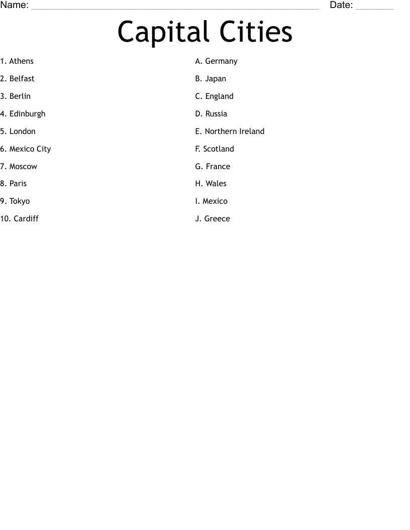 Capital Cities Worksheet