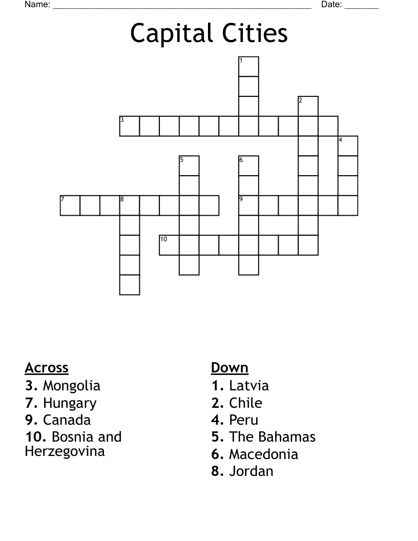 Capital Cities Crossword