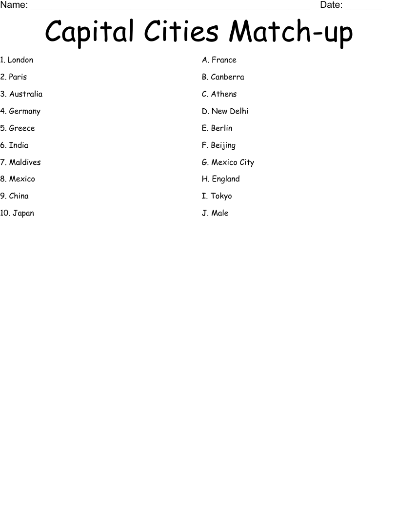 Capital Cities Match-up Worksheet