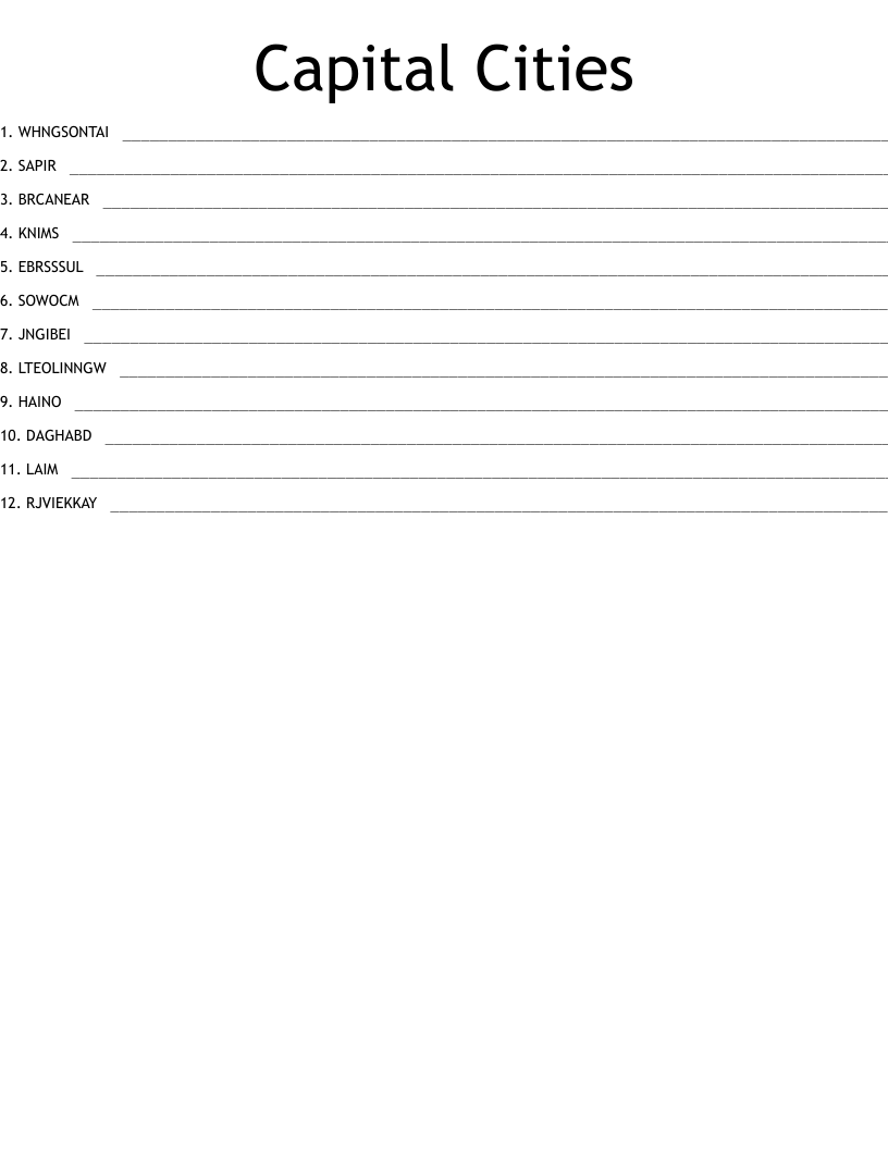 Capital Cities  Word Scramble