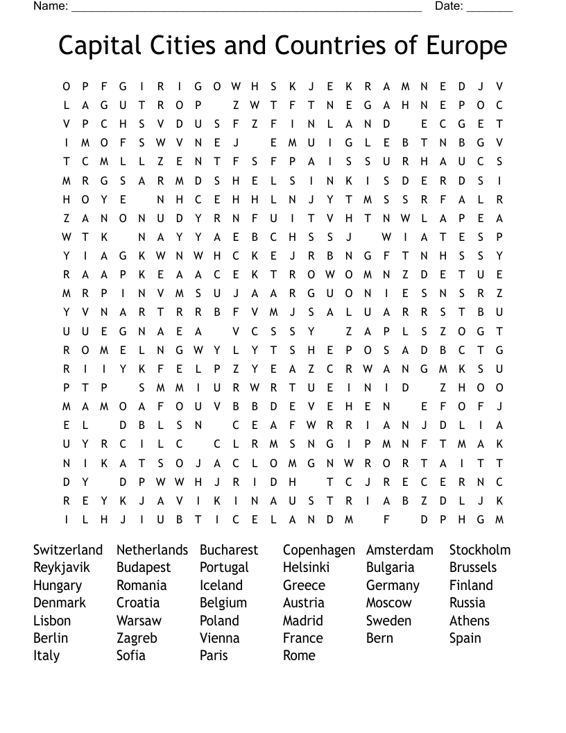 Capital Cities and Countries of Europe Word Search