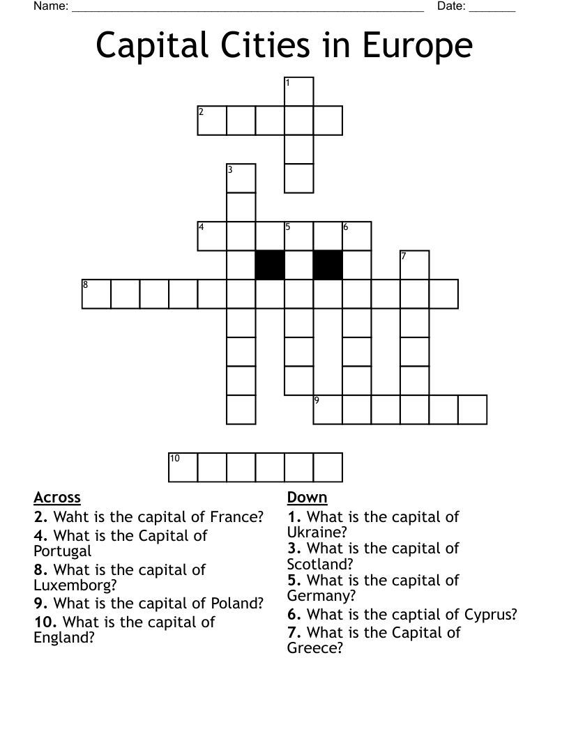 Capital Cities in Europe Crossword
