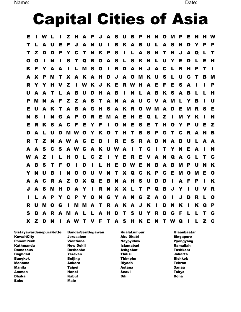 Capital Cities of Asia Word Search