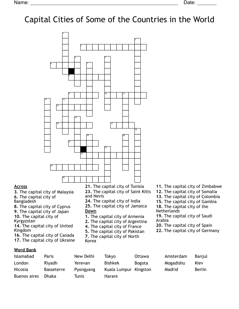 Capital Cities of Some of the Countries in the World Crossword