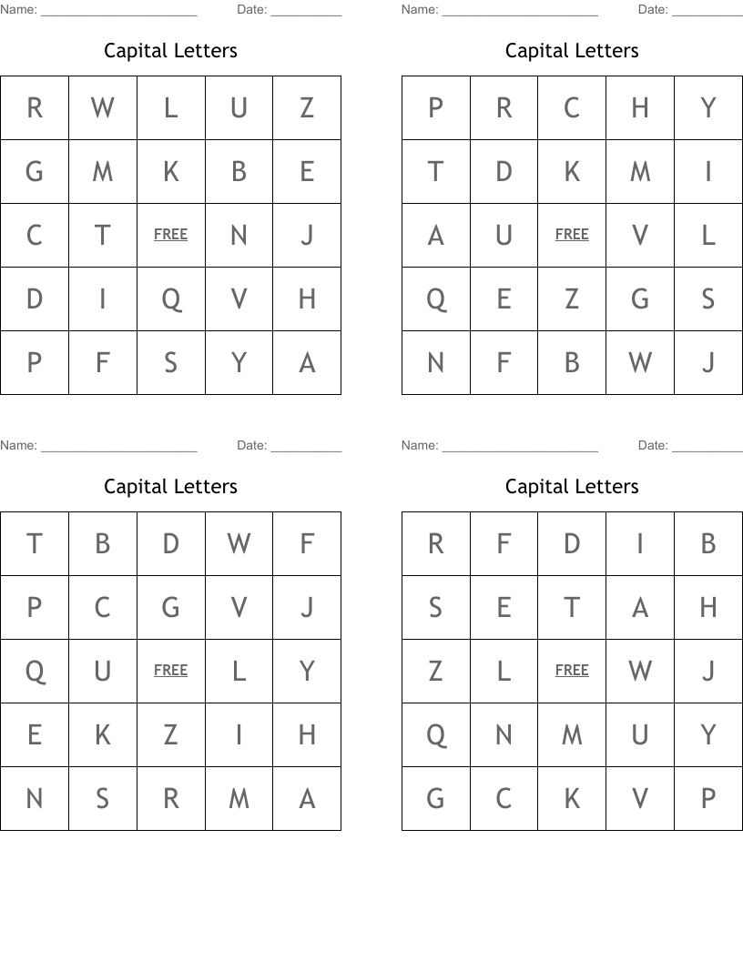 Capital Letters Bingo Cards