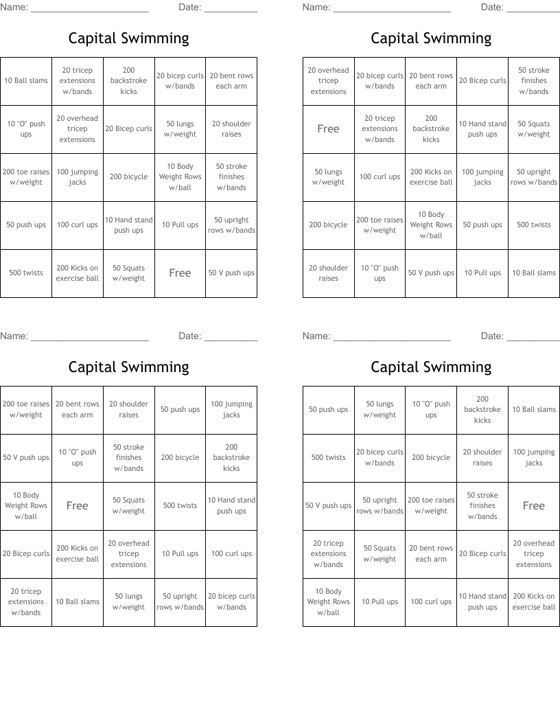 Capital Swimming Bingo Cards
