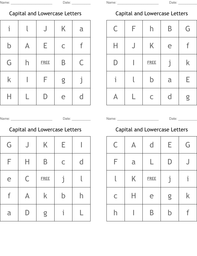 Capital and Lowercase Letters Bingo Cards
