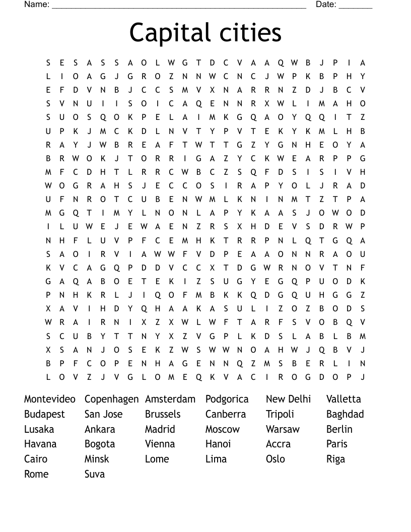 Capital cities Word Search