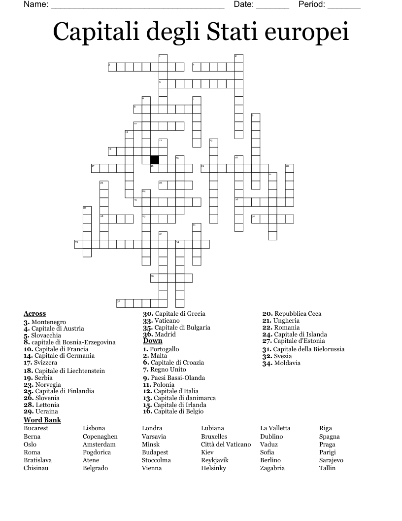 Capitali degli Stati europei Crossword